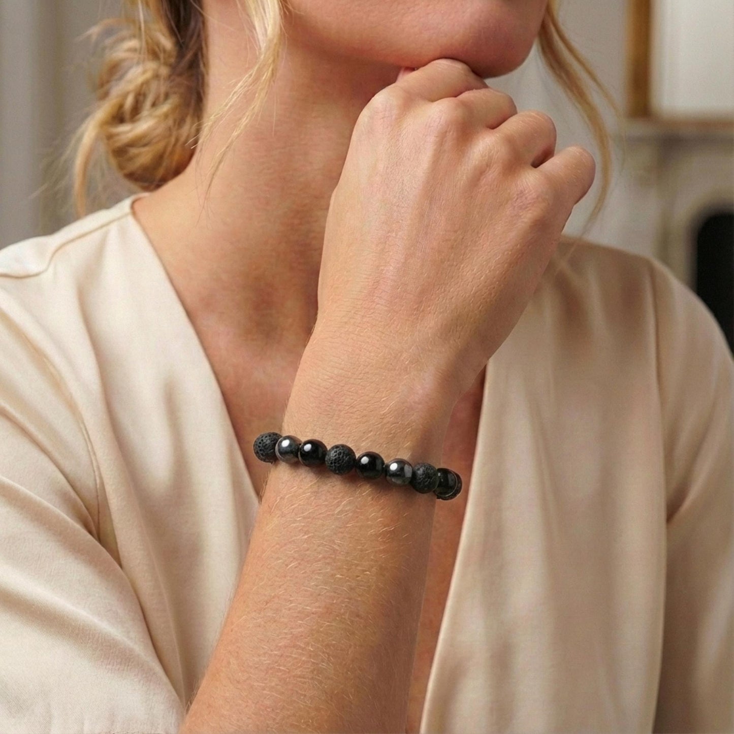 Black Lava Obsidian Hematite Bracelet - S1