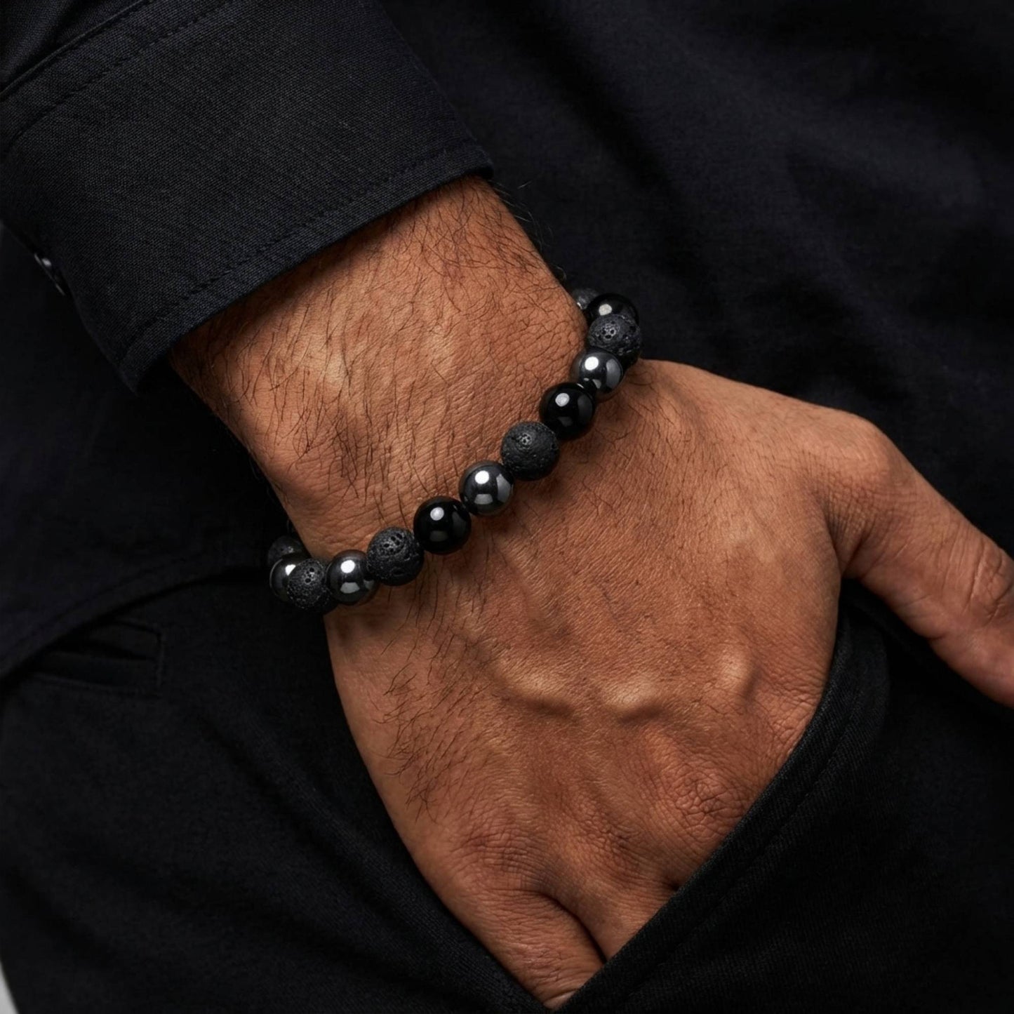 Black Lava Obsidian Hematite Bracelet - S1