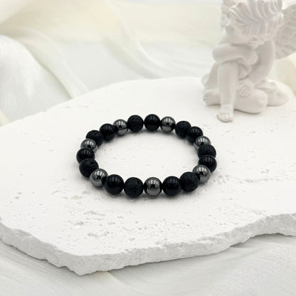 Black Lava Obsidian Hematite Bracelet - S1