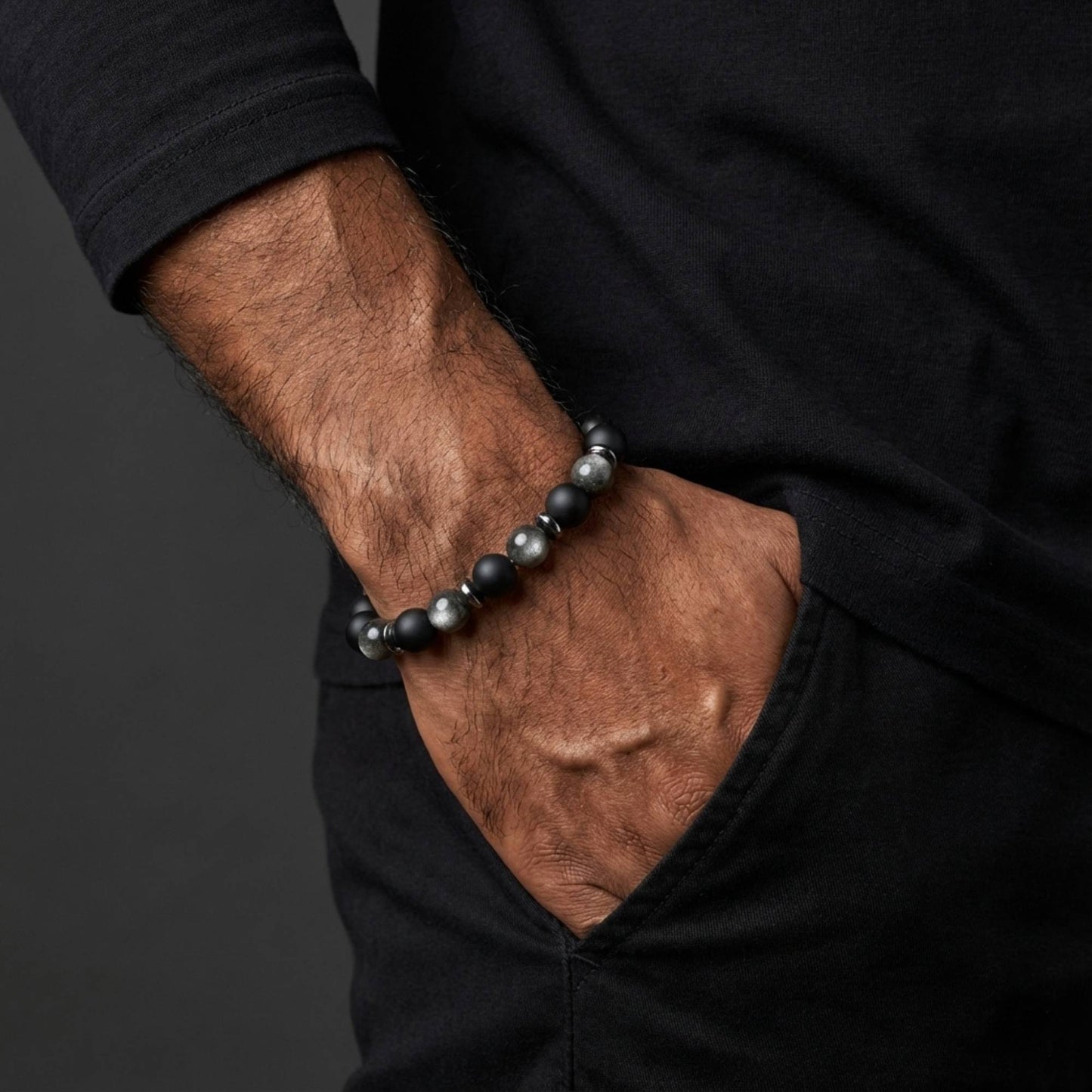 Black Onyx Silver Obsidian Bracelet - S1