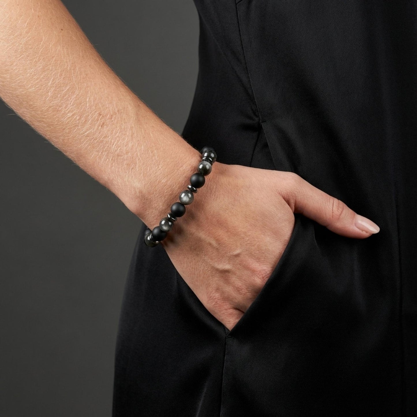 Black Onyx Silver Obsidian Bracelet - S1